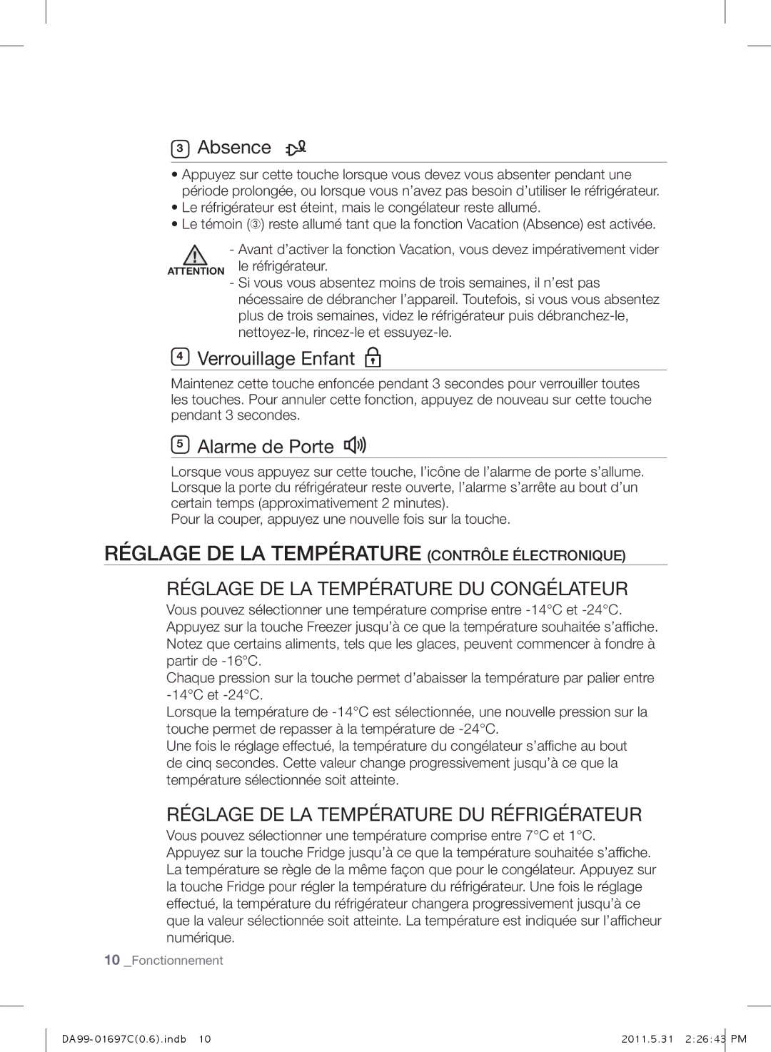 Samsung RT72SBSM1/ATC manual Réglage DE LA Température Contrôle Électronique, Réglage DE LA Température DU Congélateur 