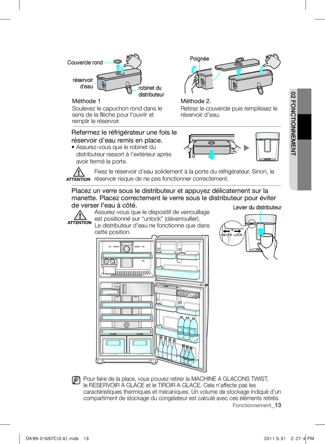 Samsung RT77SBSM1/ZAM, RT72BASW1/TAC, RT77SBSM1/TAC, RT77SASW1/TAC, RT77SASW1/FAL, RT72SASW1/ATC manual Couvercle rond Réservoir 