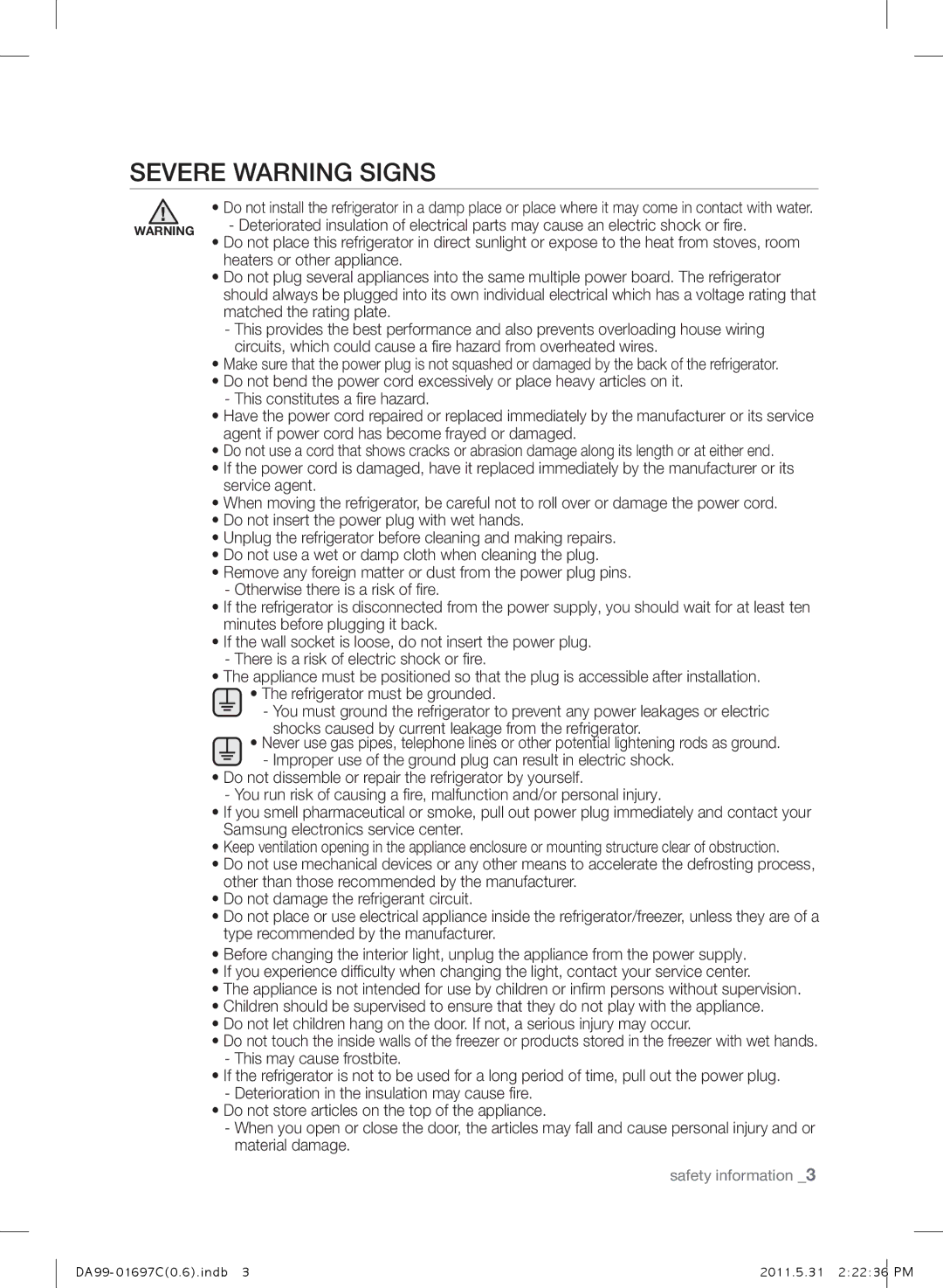 Samsung RT77SASW1/FAL, RT72BASW1/TAC, RT77SBSM1/TAC, RT77SASW1/TAC SEVErE warning signs, Otherwise there is a risk of fire 