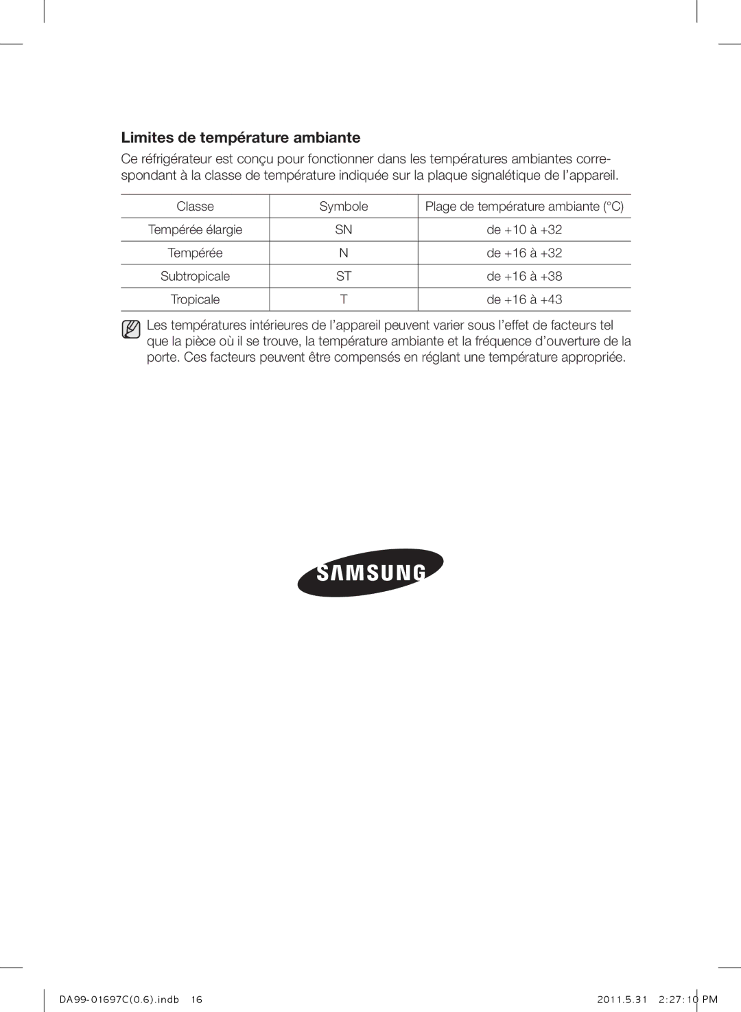 Samsung RT77BBTS1/SML, RT72BASW1/TAC, RT77SBSM1/TAC, RT77SASW1/TAC, RT77SASW1/FAL manual Limites de température ambiante 