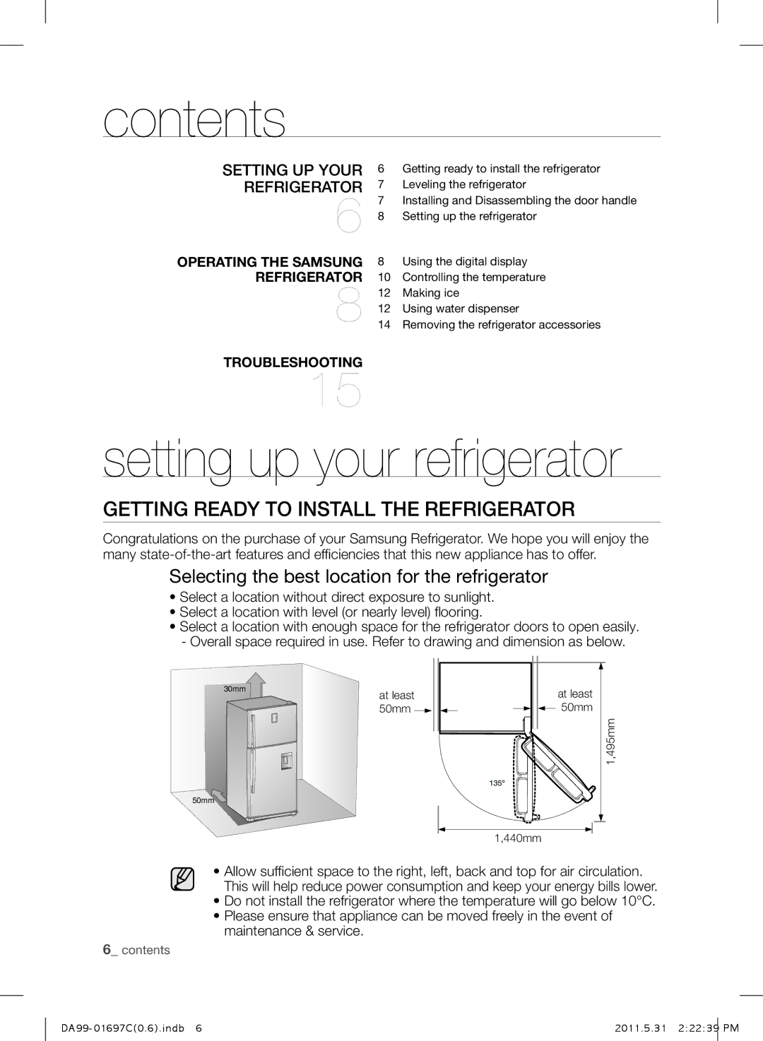 Samsung RT72SBTS1/MTR, RT72BASW1/TAC, RT77SBSM1/TAC, RT77SASW1/TAC, RT77SASW1/FAL manual Contents, Setting up your refrigerator 