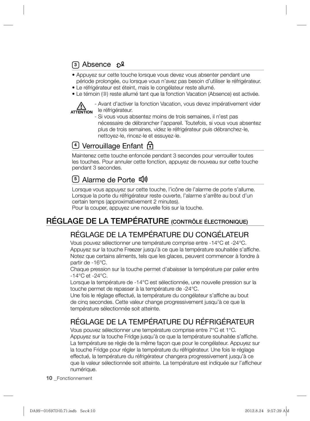 Samsung RT77VAVC1/XET manual Réglage DE LA Température Contrôle Électronique, Réglage DE LA Température DU Congélateur 