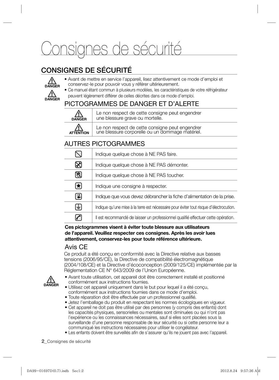 Samsung RT77KBSE1/XET manual Consignes de sécurité, Consignes DE Sécurité, Pictogrammes DE Danger ET D’ALERTE, Avis CE 