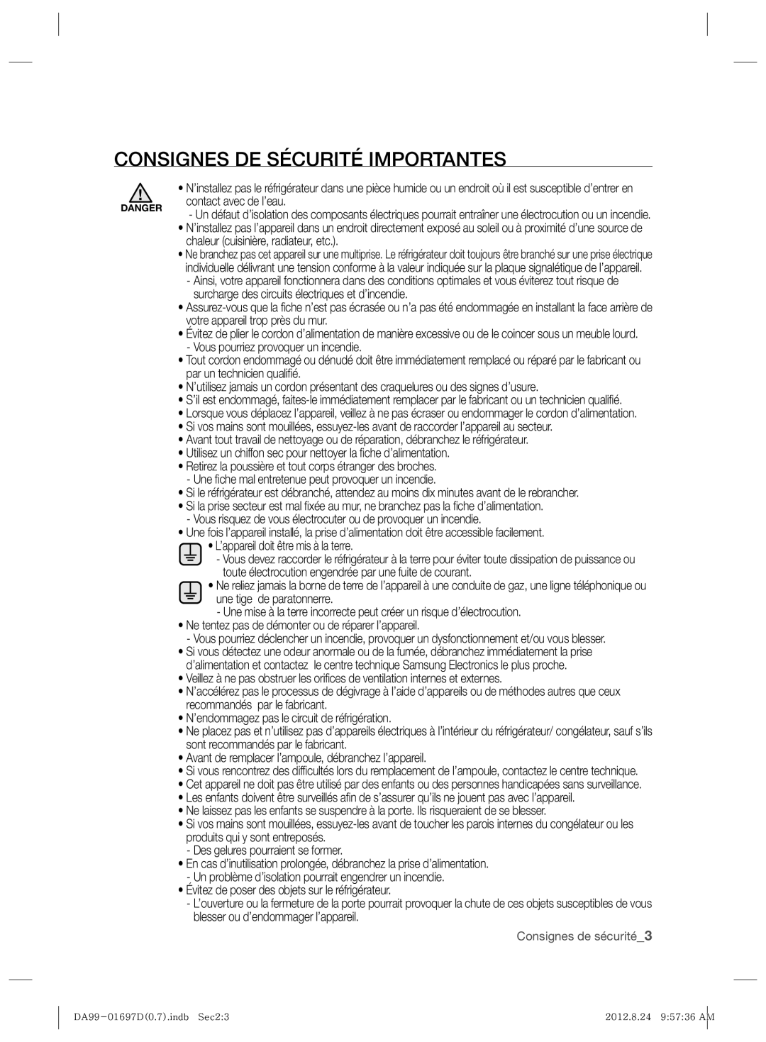 Samsung RT72KBTS1/XET, RT72KBPN1/XEF, RT77VBSE1/XET, RT77KBSE1/XET, RT72VBTC1/XET manual Consignes DE Sécurité Importantes 