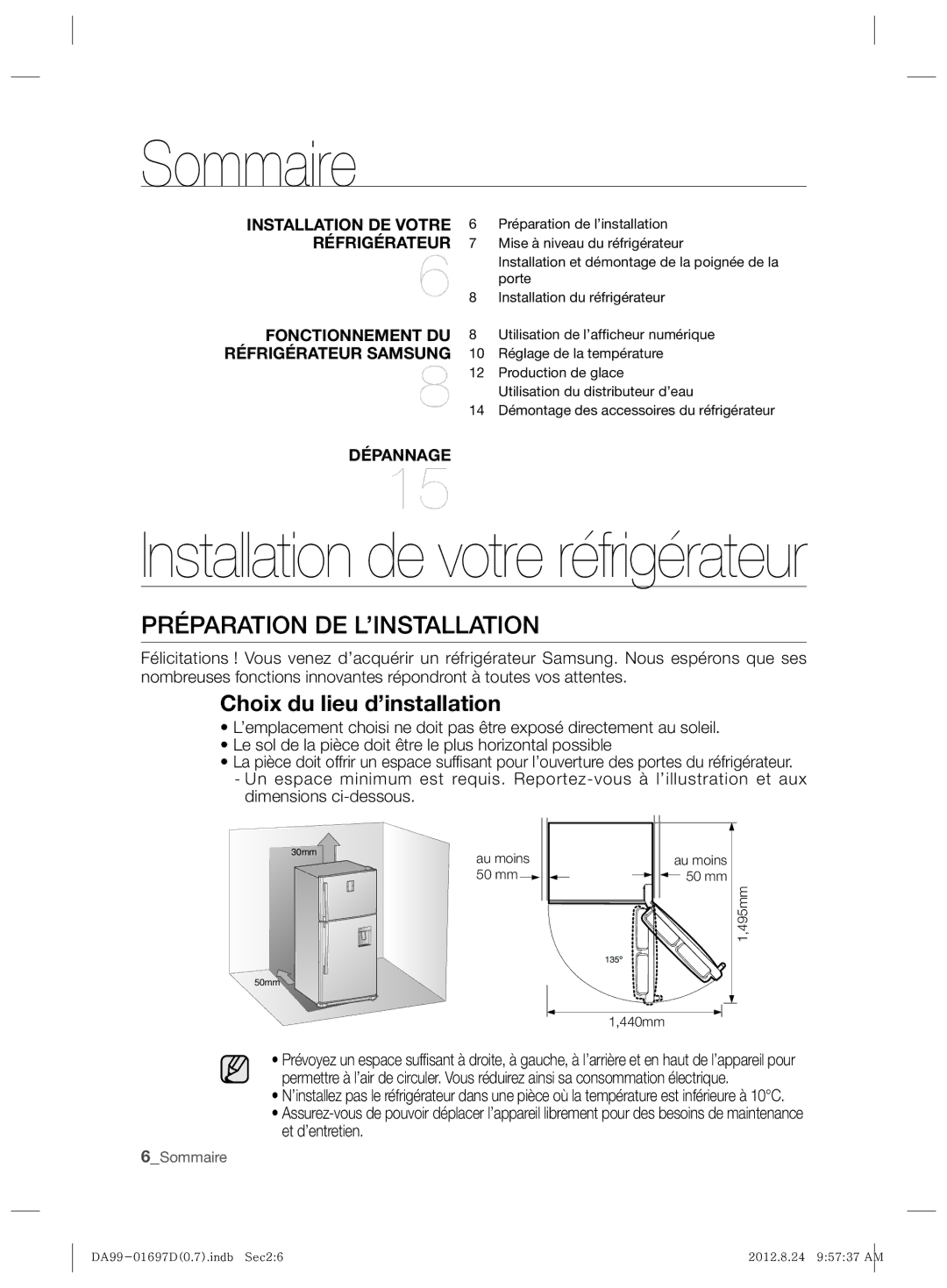 Samsung RT72KBPN1/XET, RT72KBPN1/XEF, RT77VBSE1/XET, RT77KBSE1/XET, RT72KBTS1/XET Sommaire, Préparation DE L’INSTALLATION 