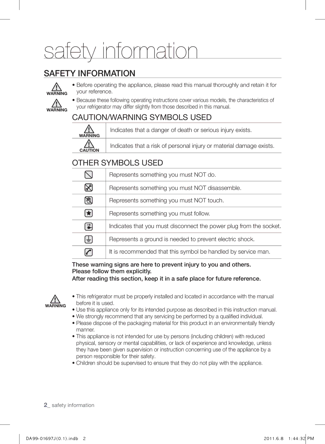 Samsung RT77BBTS1/SML manual Safety information, SafEty inforMation 