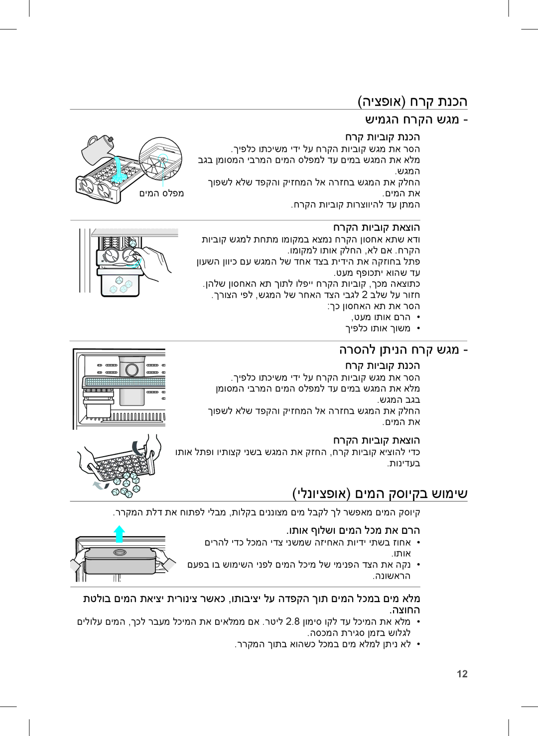 Samsung RT77BBTS1/SML manual ילנויצפוא םימה קסויקב שומיש, היצפוא חרק תנכה שימגה חרקה שגמ, הרסהל ןתינה חרק שגמ 