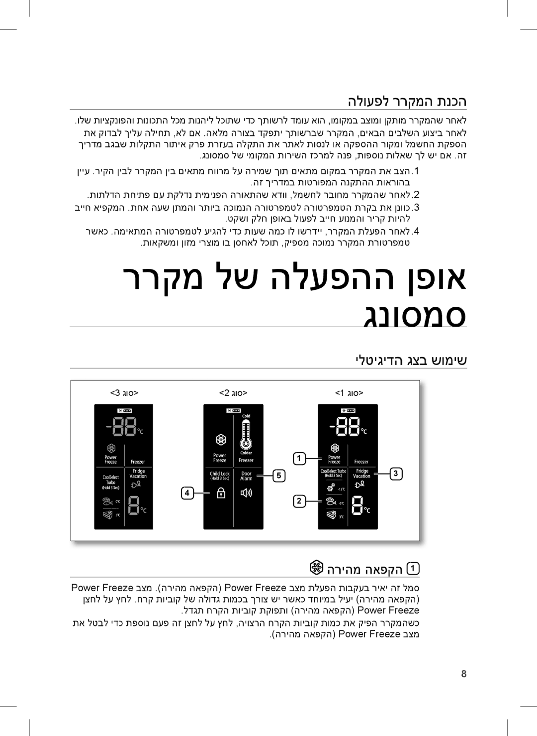 Samsung RT77BBTS1/SML manual ררקמ לש הלעפהה ןפוא גנוסמס, הלועפל ררקמה תנכה, ילטיגידה גצב שומיש, הריהמ האפקה 