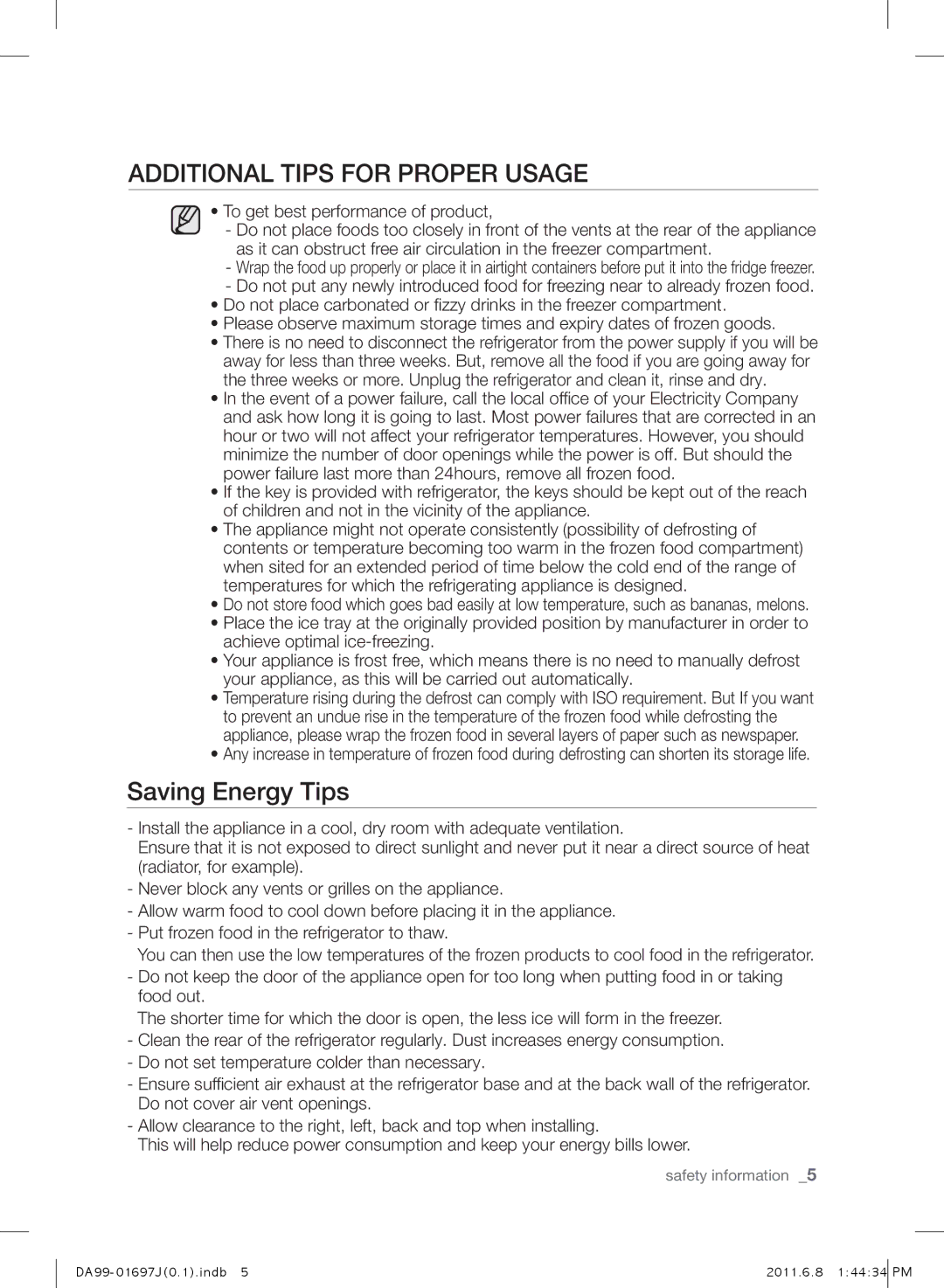 Samsung RT77BBTS1/SML manual ADDitionaL tiPs for ProPEr usagE, Saving Energy Tips 