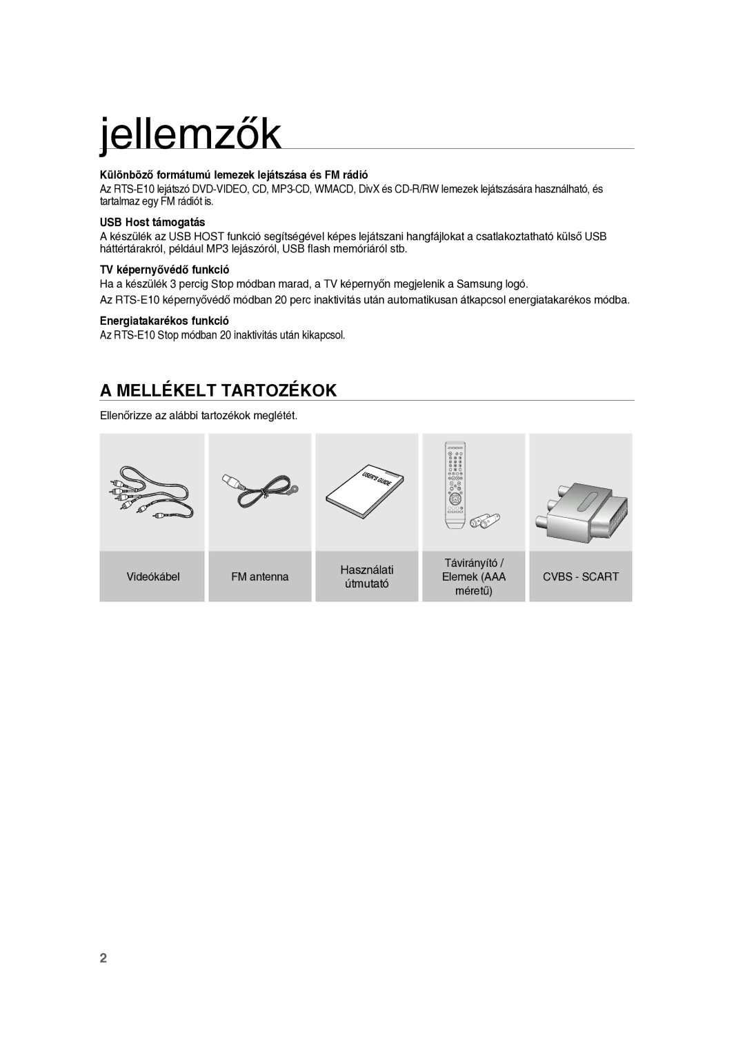 Samsung RTS-E10T/EDC manual Jellemzők, Mellékelt Tartozékok 