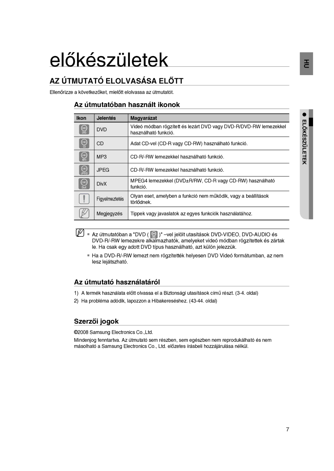 Samsung RTS-E10T/EDC manual Előkészületek, AZ Útmutató Elolvasása Előtt, Az útmutatóban használt ikonok, Szerzői jogok 