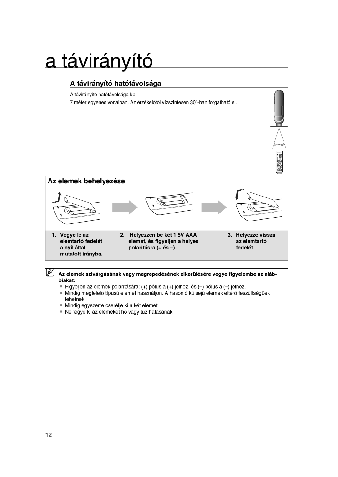 Samsung RTS-E10T/EDC manual Távirányító hatótávolsága, Vegye le az Helyezzen be két 1.5V AAA 