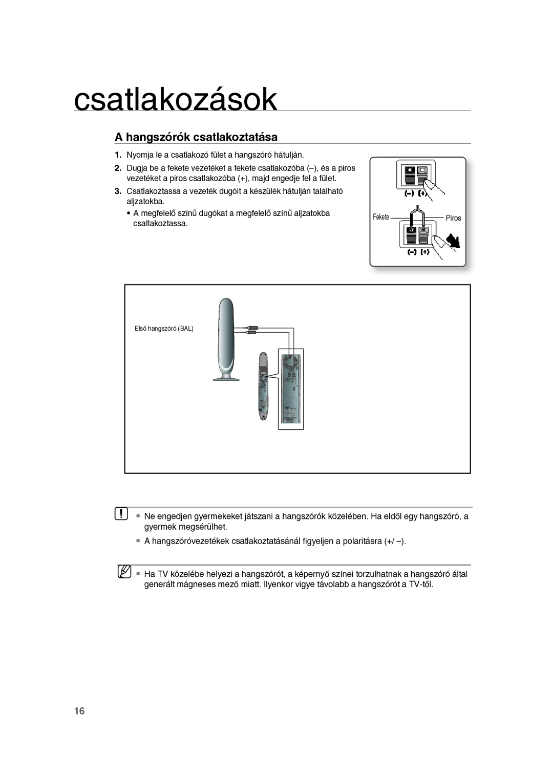 Samsung RTS-E10T/EDC manual Hangszórók csatlakoztatása, Nyomja le a csatlakozó fület a hangszóró hátulján, Csatlakoztassa 