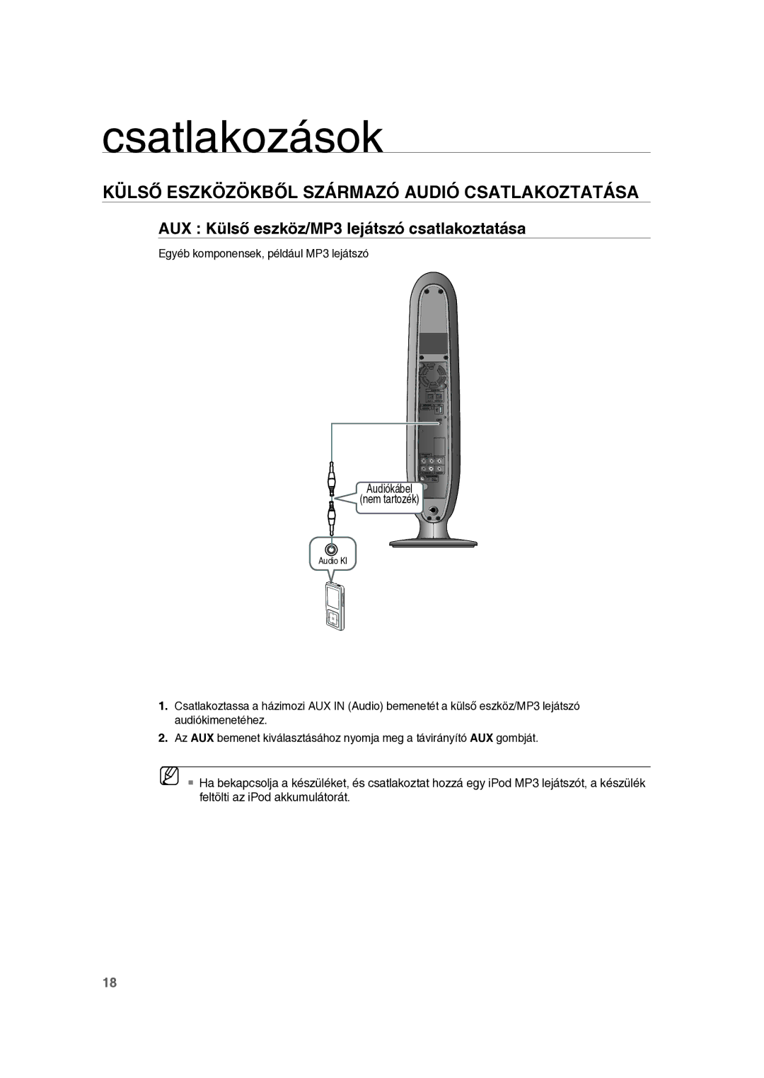 Samsung RTS-E10T/EDC manual Külső Eszközökből Származó Audió Csatlakoztatása, AUX Külső eszköz/MP3 lejátszó csatlakoztatása 