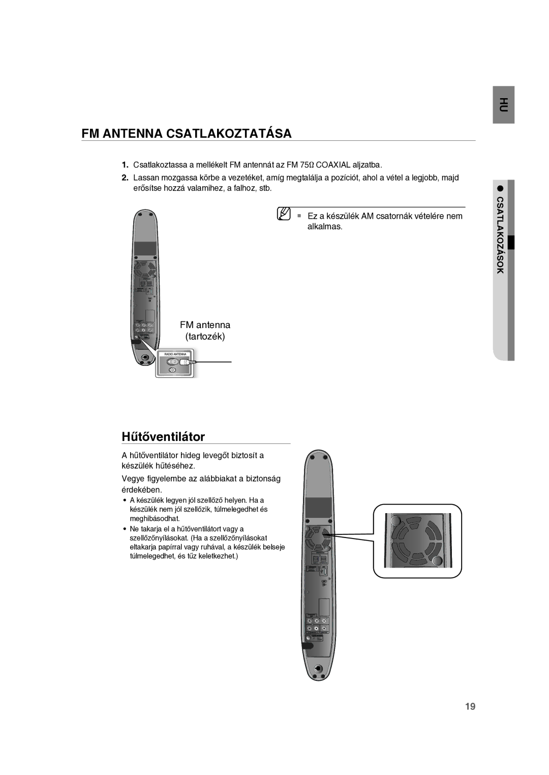 Samsung RTS-E10T/EDC manual FM Antenna Csatlakoztatása, Hűtőventilátor 