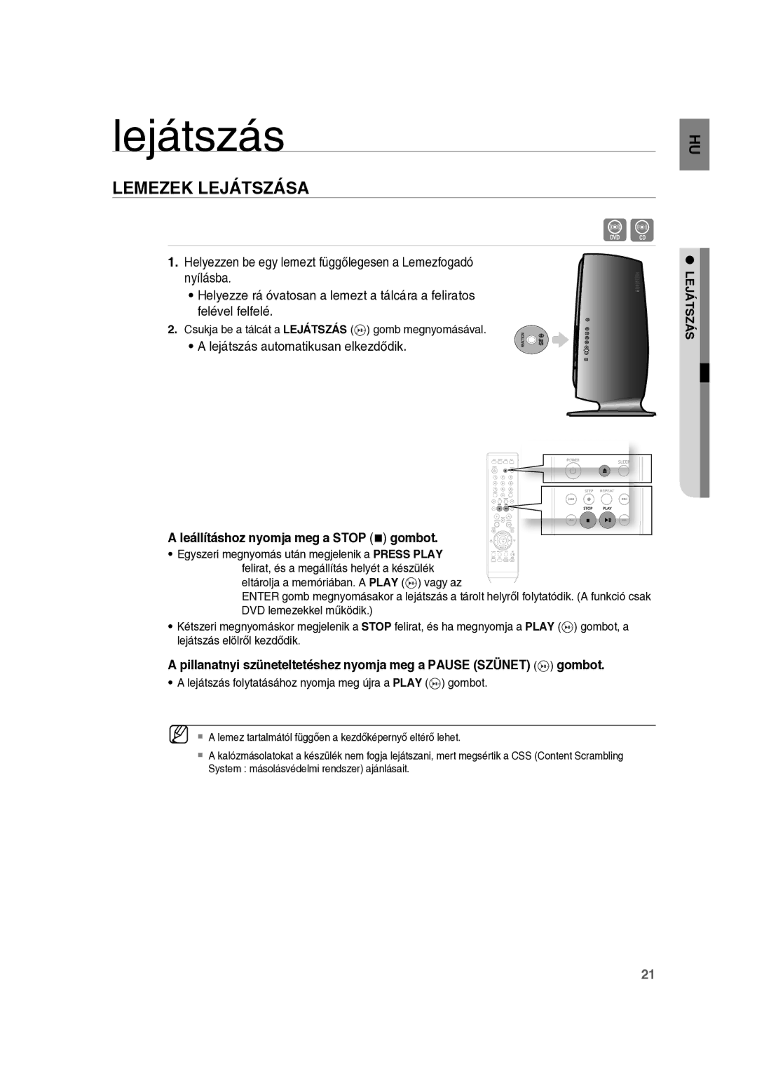 Samsung RTS-E10T/EDC manual Lemezek Lejátszása, Leállításhoz nyomja meg a Stop  gombot 