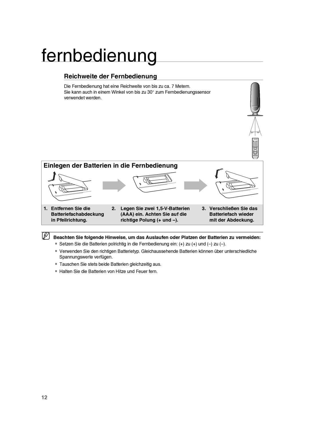 Samsung RTS-E10T/EDC manual Reichweite der Fernbedienung, Einlegen der Batterien in die Fernbedienung 