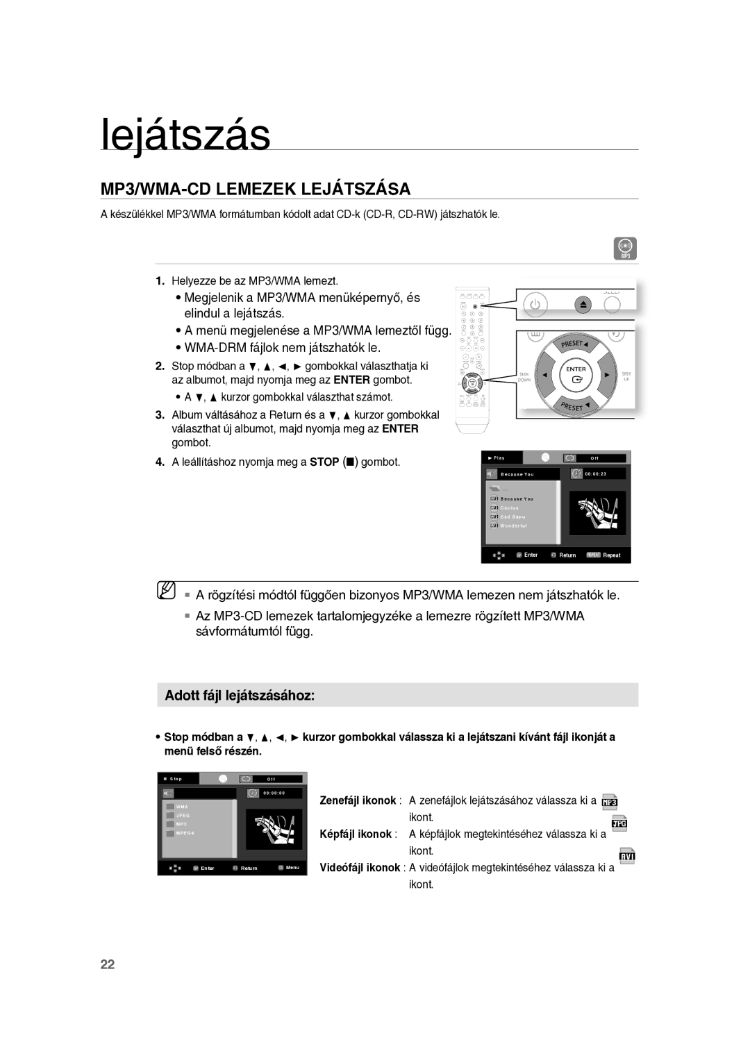 Samsung RTS-E10T/EDC manual MP3/WMA-CD Lemezek Lejátszása, Adott fájl lejátszásához 