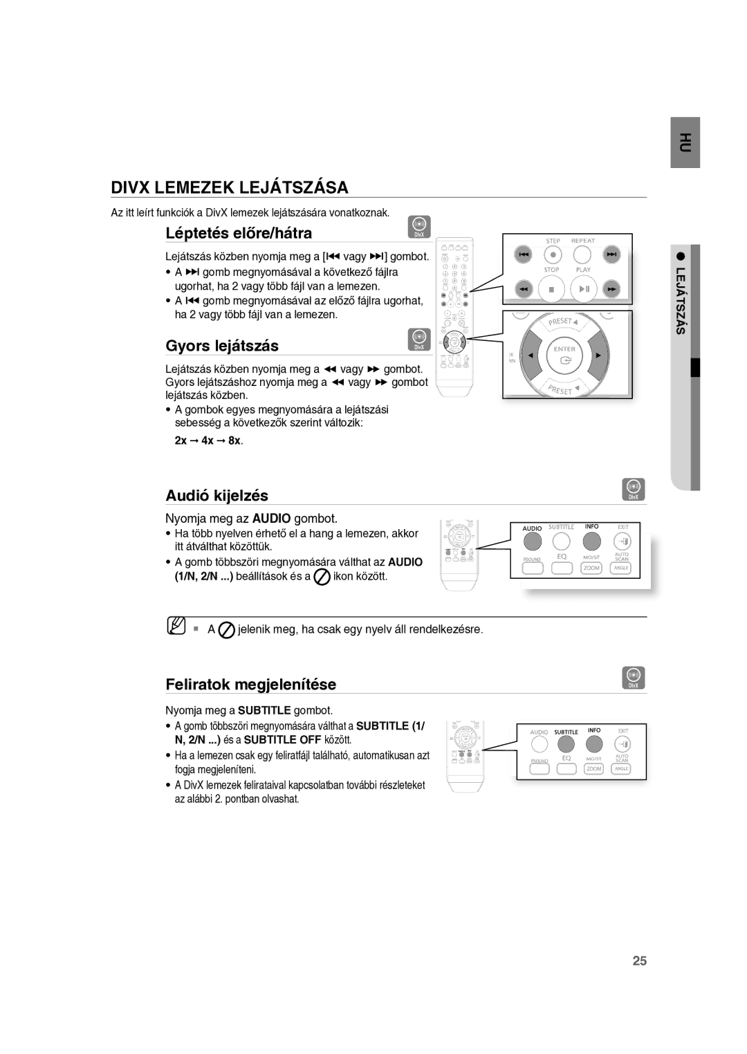 Samsung RTS-E10T/EDC manual Divx Lemezek Lejátszása, Léptetés előre/hátra, Gyors lejátszás, Audió kijelzés 