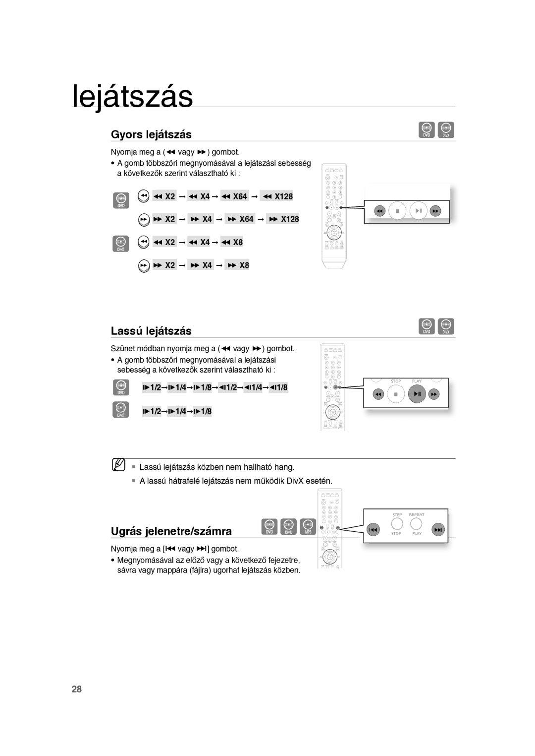 Samsung RTS-E10T/EDC manual Lassú lejátszás, Ugrás jelenetre/számra, Szünet módban nyomja meg a  vagy  gombot 