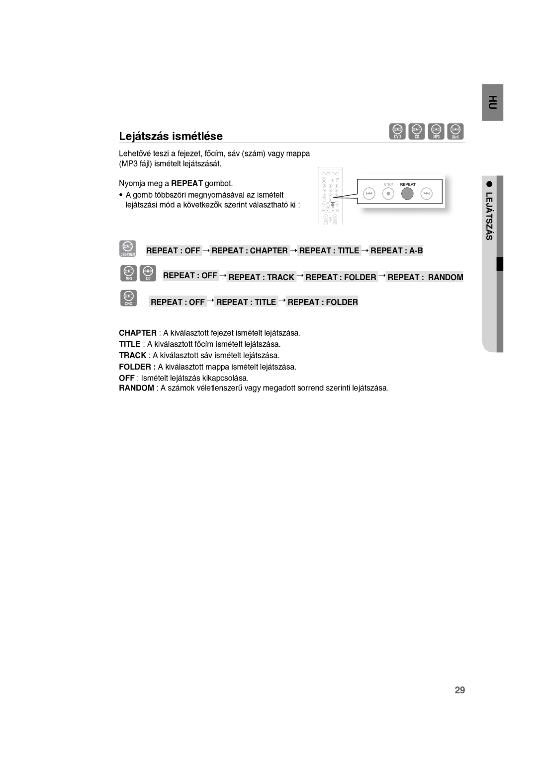 Samsung RTS-E10T/EDC manual Lejátszás ismétlése 