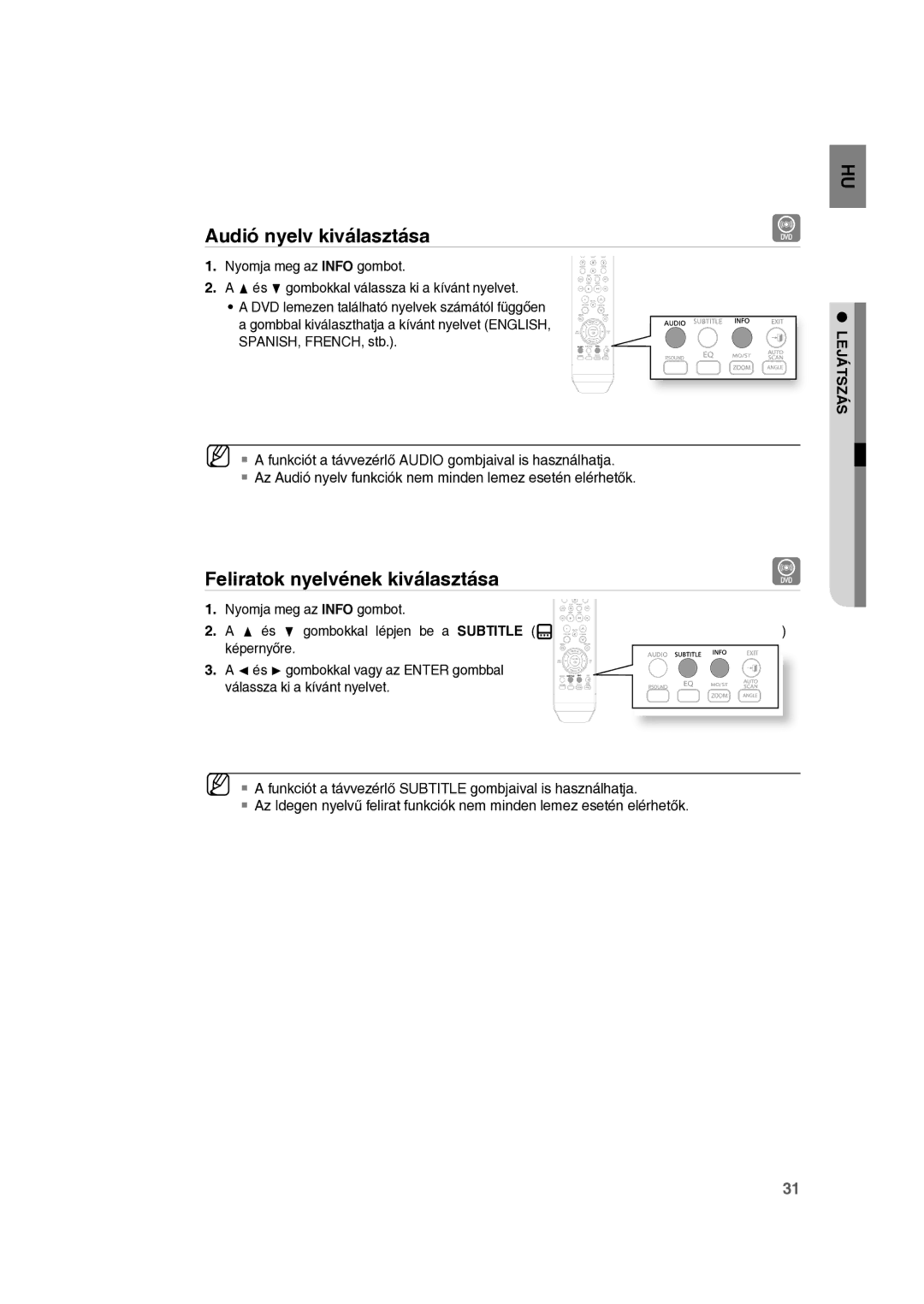 Samsung RTS-E10T/EDC manual Audió nyelv kiválasztása, Feliratok nyelvének kiválasztása 