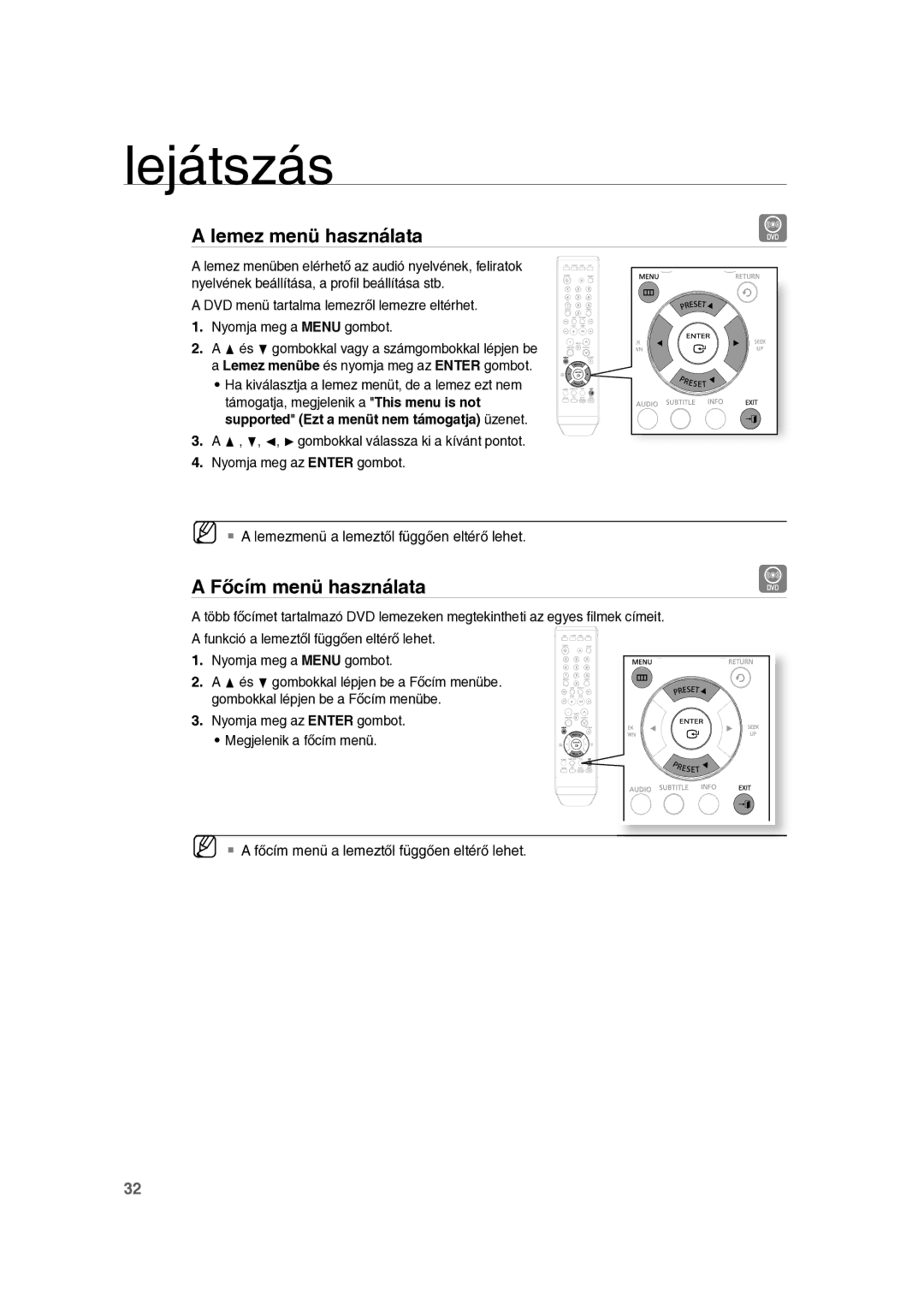 Samsung RTS-E10T/EDC manual Lemez menü használata, Főcím menü használata 