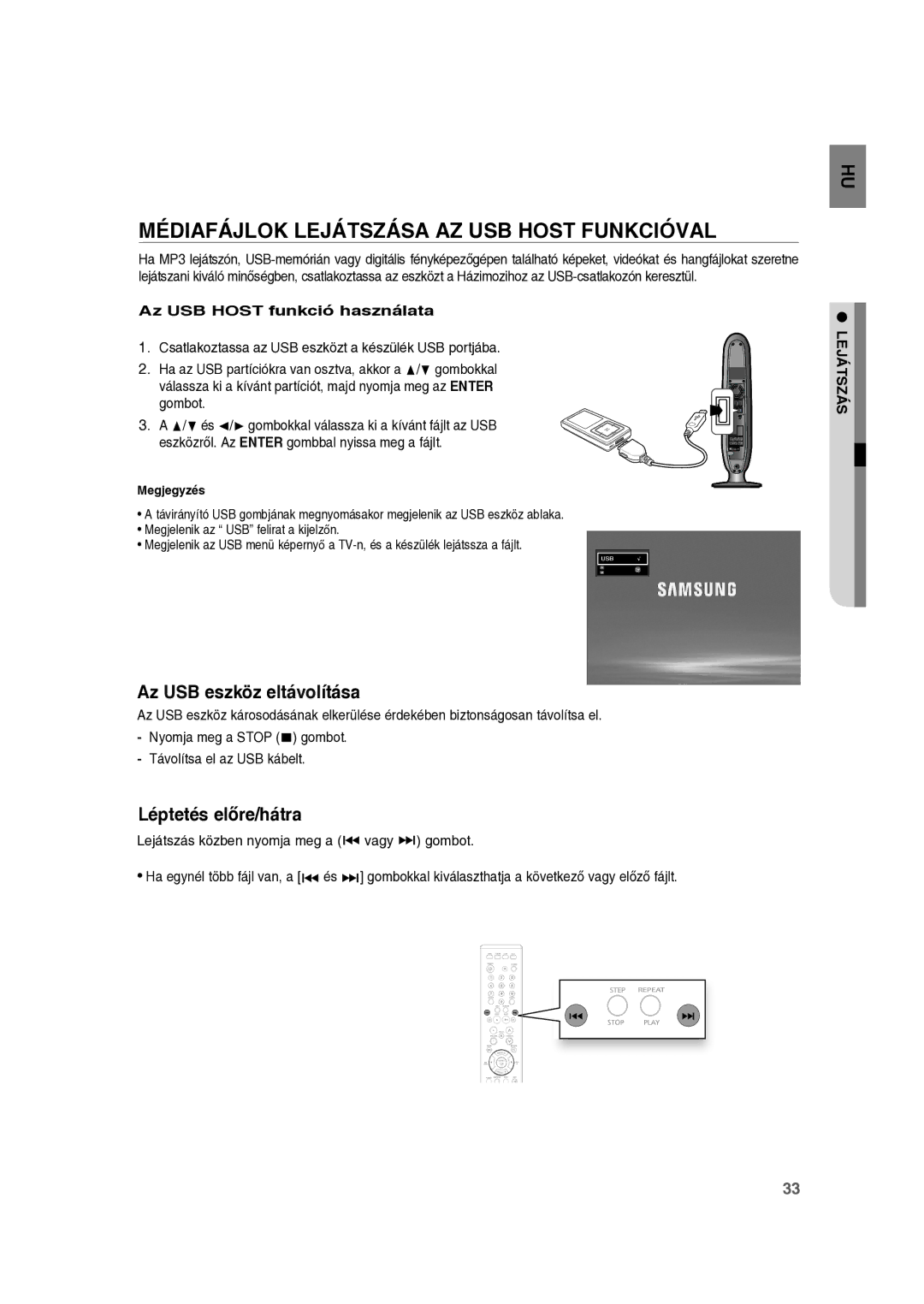 Samsung RTS-E10T/EDC manual Médiafájlok Lejátszása AZ USB Host Funkcióval, Az USB eszköz eltávolítása 