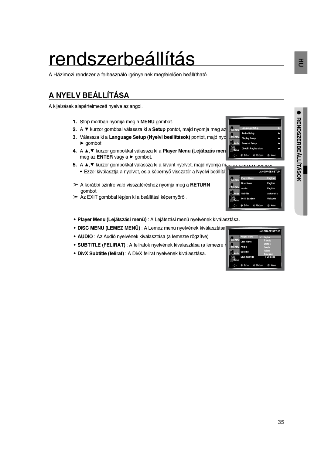 Samsung RTS-E10T/EDC manual Nyelv Beállítása, Rendszerbeállítások 