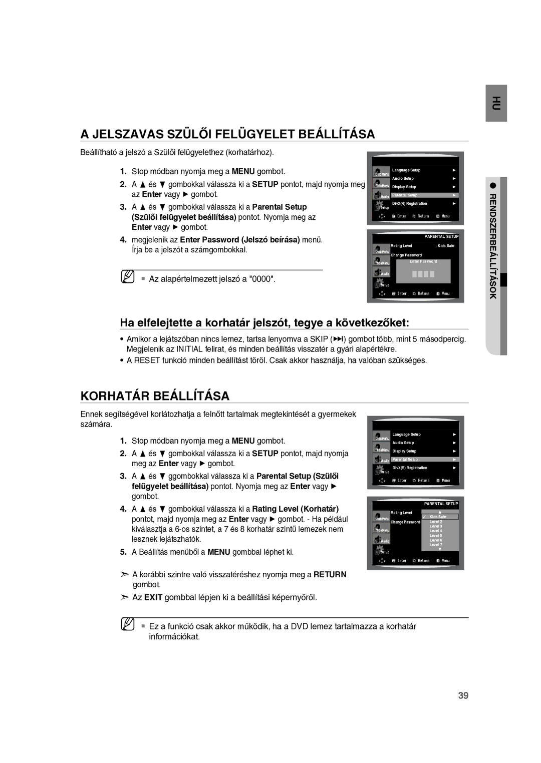 Samsung RTS-E10T/EDC manual Jelszavas Szülői Felügyelet Beállítása, Korhatár Beállítása 