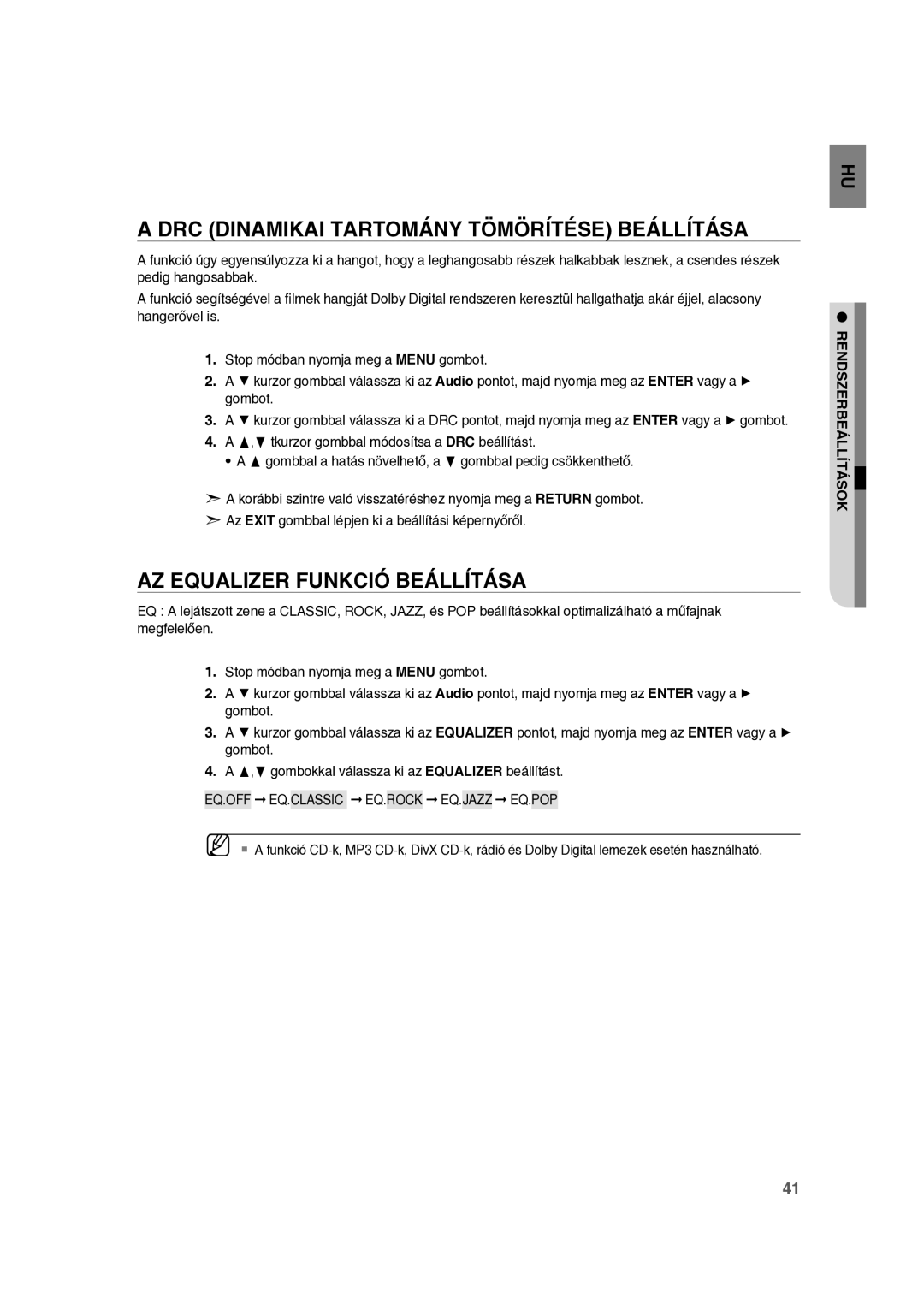 Samsung RTS-E10T/EDC manual DRC Dinamikai Tartomány Tömörítése Beállítása, AZ Equalizer Funkció Beállítása 