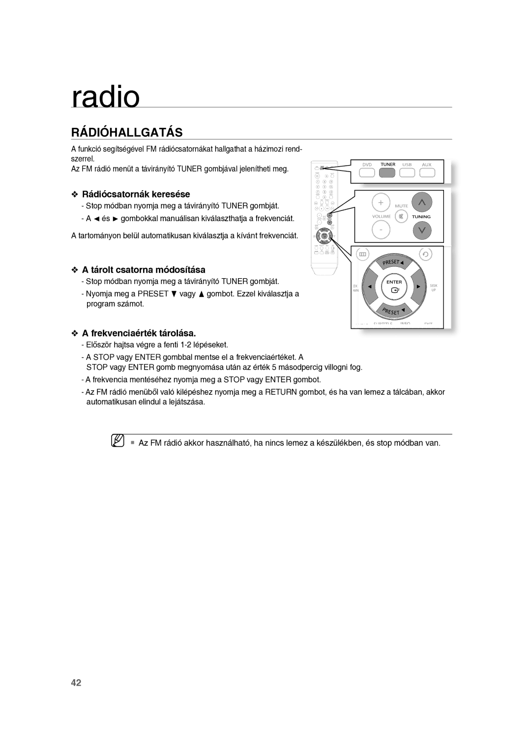 Samsung RTS-E10T/EDC manual Rádióhallgatás, Rádiócsatornák keresése, Tárolt csatorna módosítása, Frekvenciaérték tárolása 