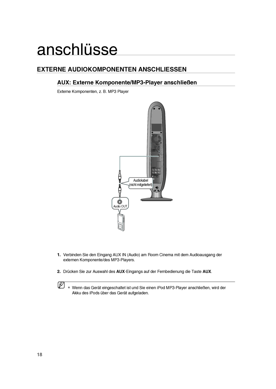 Samsung RTS-E10T/EDC manual Externe Audiokomponenten Anschliessen, AUX Externe Komponente/MP3-Player anschließen 