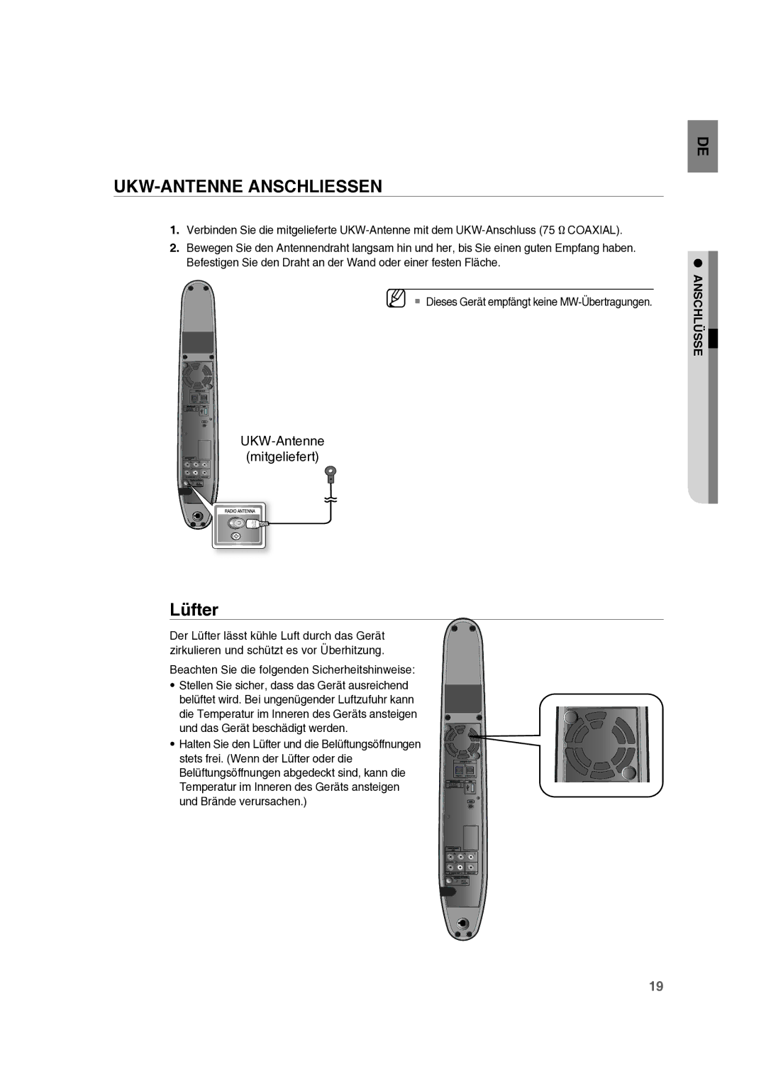 Samsung RTS-E10T/EDC manual UKW-ANTENNE Anschliessen, Beachten Sie die folgenden Sicherheitshinweise 