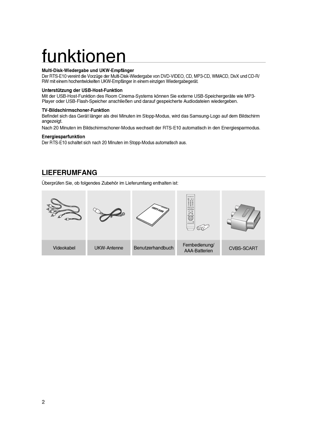 Samsung RTS-E10T/EDC manual Funktionen, Lieferumfang 