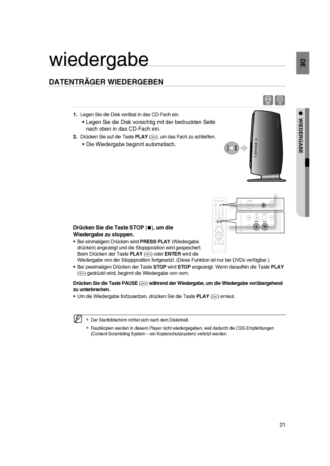 Samsung RTS-E10T/EDC manual Datenträger Wiedergeben, Drücken Sie die Taste Stop , um die Wiedergabe zu stoppen 