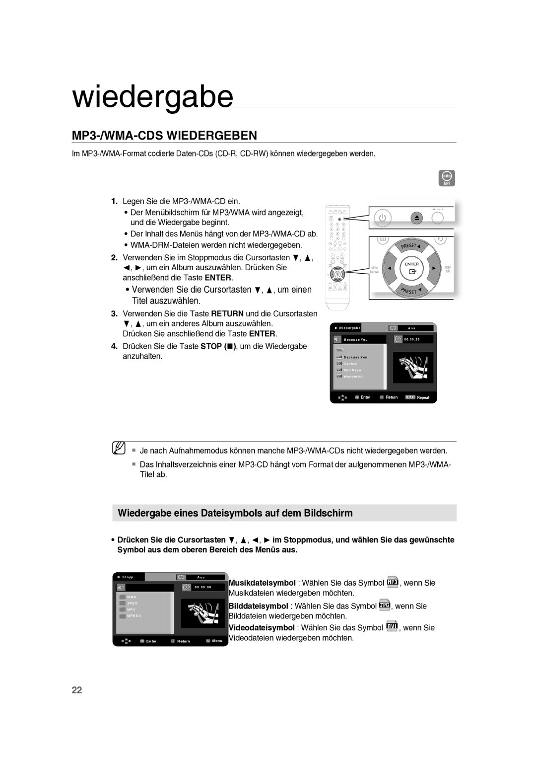 Samsung RTS-E10T/EDC manual MP3-/WMA-CDS Wiedergeben, Drücken Sie die Taste Stop , um die Wiedergabe anzuhalten 