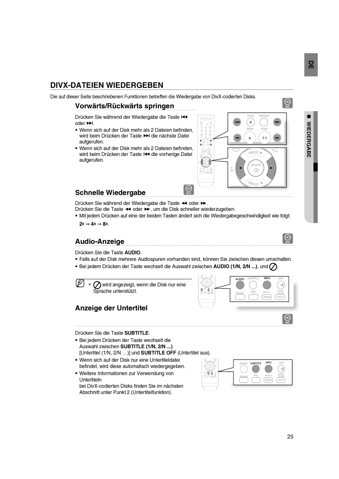 Samsung RTS-E10T/EDC manual DIVX-DATEIEN Wiedergeben, Vorwärts/Rückwärts springen, Schnelle Wiedergabe, Audio-Anzeige 