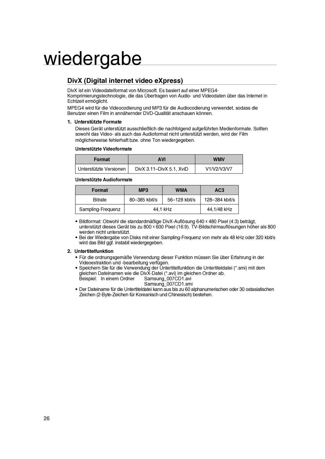 Samsung RTS-E10T/EDC manual DivX Digital internet video eXpress, Avi Wmv, Wma 