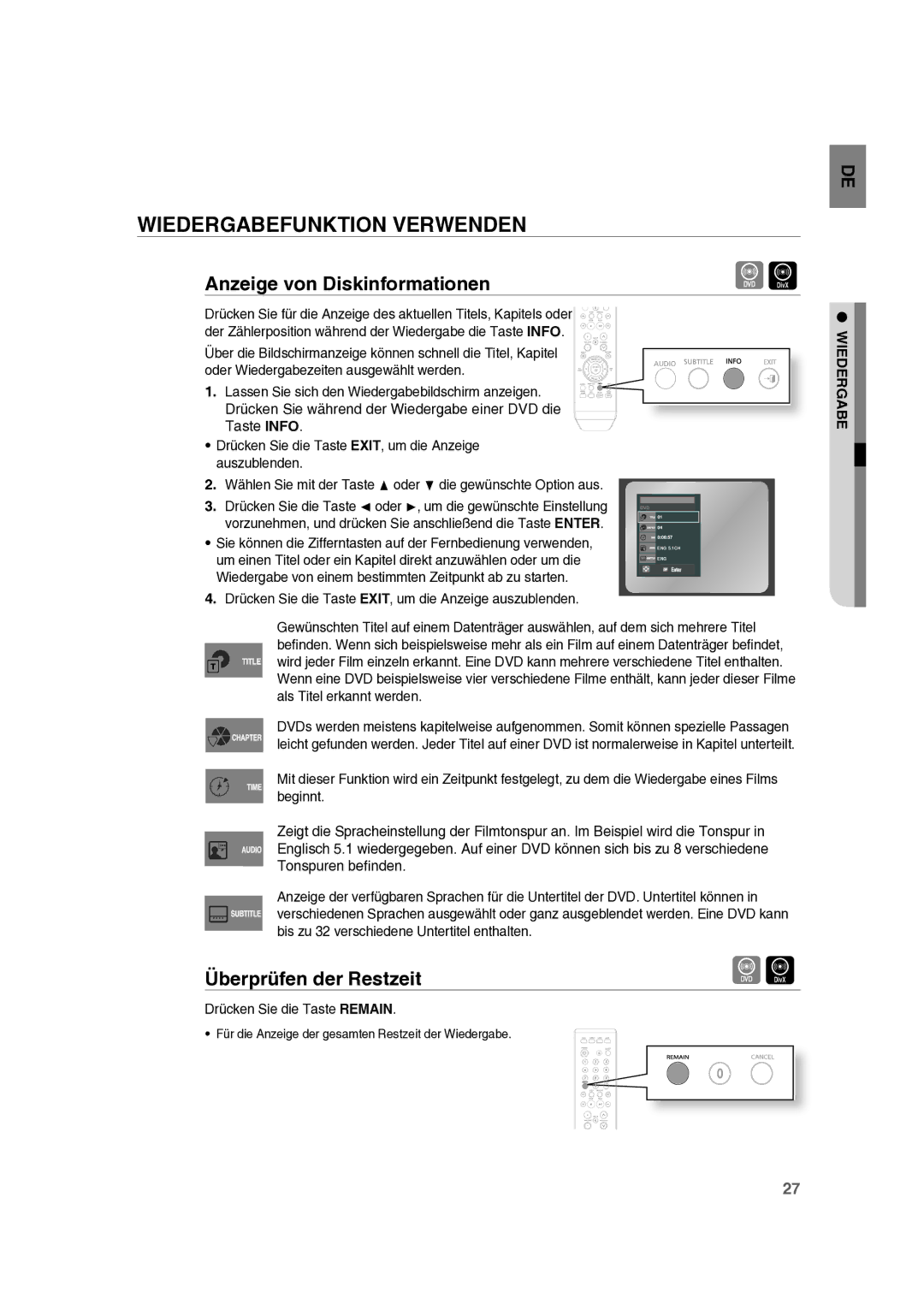 Samsung RTS-E10T/EDC manual Wiedergabefunktion Verwenden, Anzeige von Diskinformationen, Überprüfen der Restzeit 