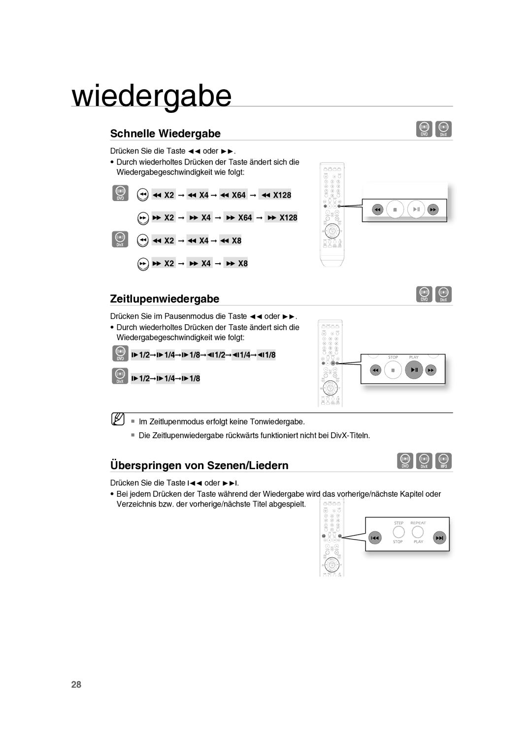 Samsung RTS-E10T/EDC manual Zeitlupenwiedergabe, Überspringen von Szenen/Liedern,  X2  X4  X64   X2  X4  X64  