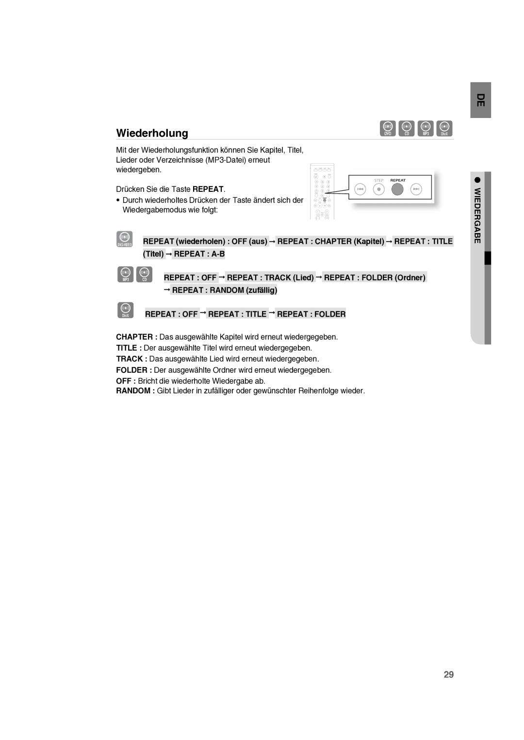 Samsung RTS-E10T/EDC manual Wiederholung, Repeat OFF Repeat Title Repeat Folder 