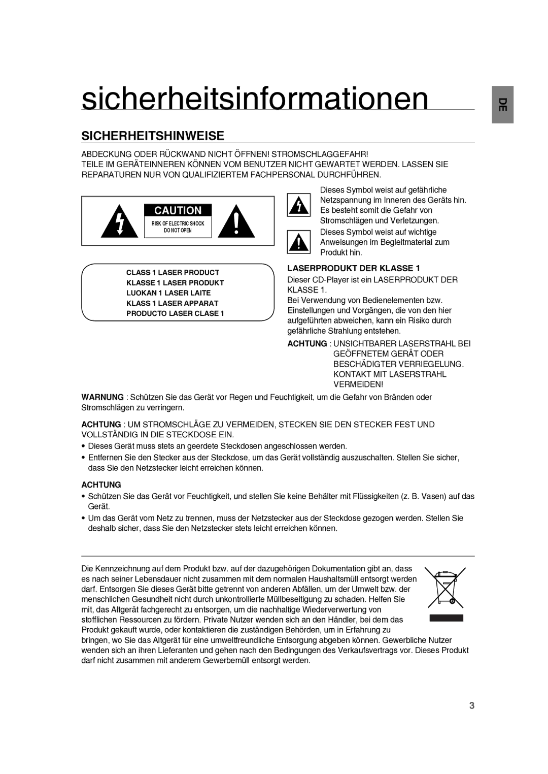 Samsung RTS-E10T/EDC manual Sicherheitsinformationen, Sicherheitshinweise, Laserprodukt DER Klasse, Achtung 