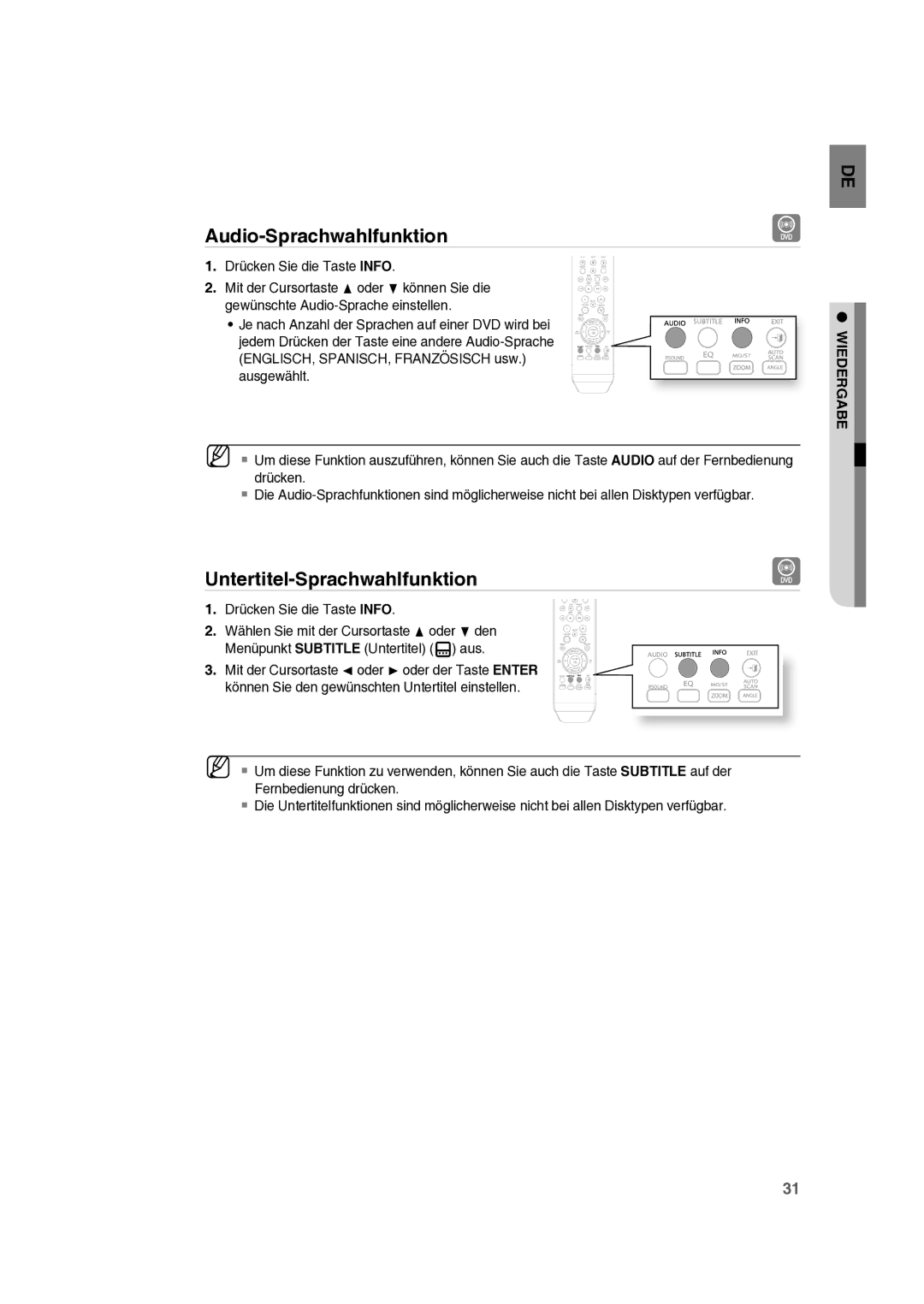 Samsung RTS-E10T/EDC manual Audio-Sprachwahlfunktion, Untertitel-Sprachwahlfunktion, Drücken Sie die Taste Info 