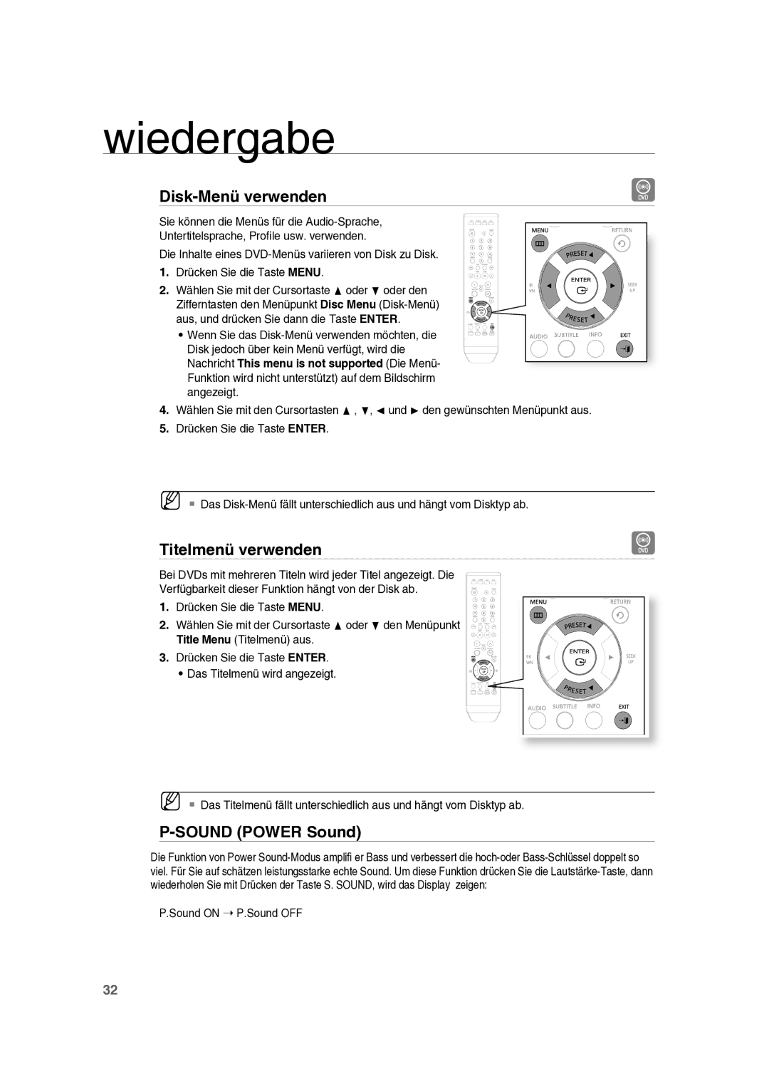 Samsung RTS-E10T/EDC manual Disk-Menü verwenden, Titelmenü verwenden, Sound Power Sound, Sound on P.Sound OFF 