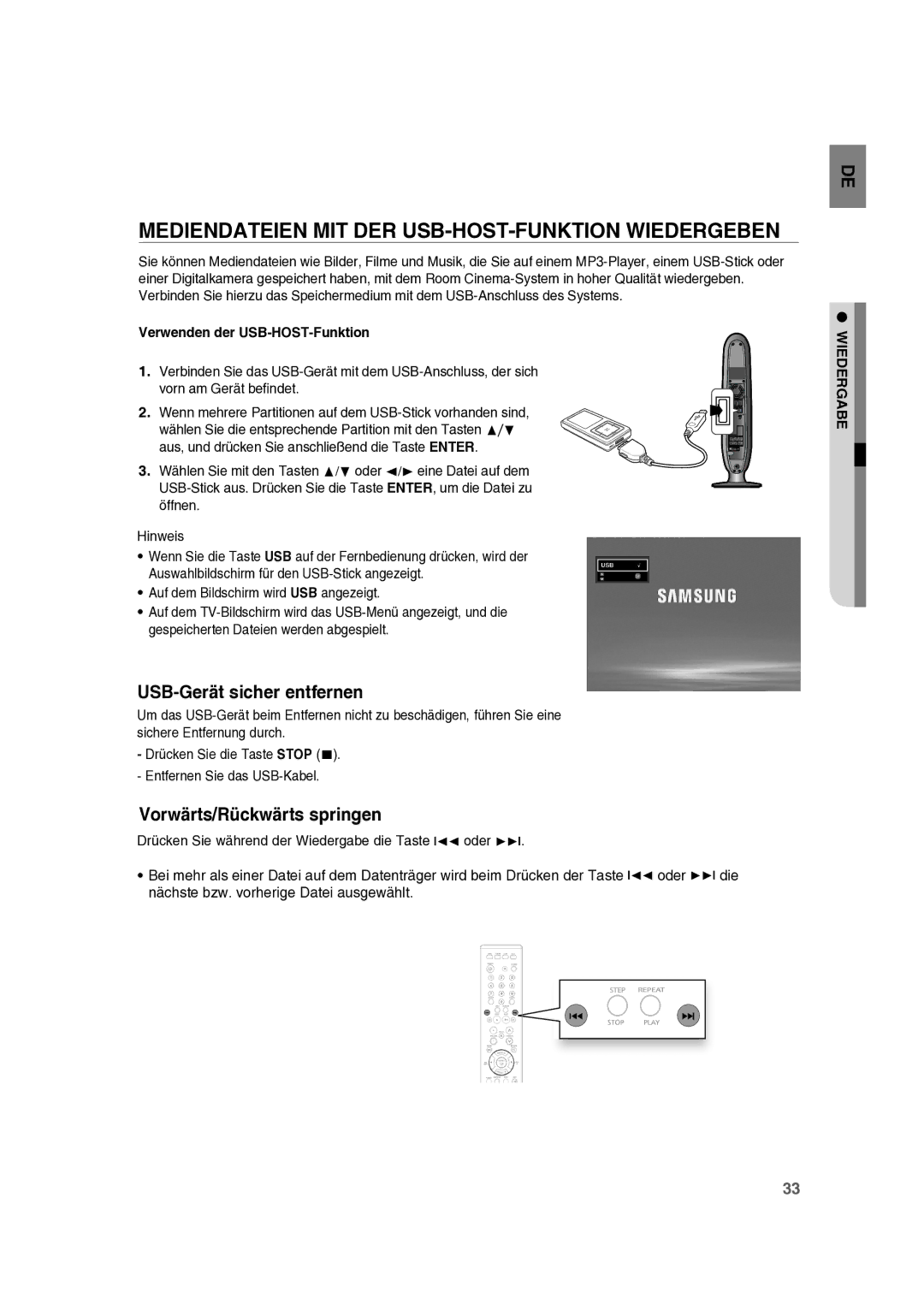 Samsung RTS-E10T/EDC manual Mediendateien MIT DER USB-HOST-FUNKTION Wiedergeben, USB-Gerät sicher entfernen 