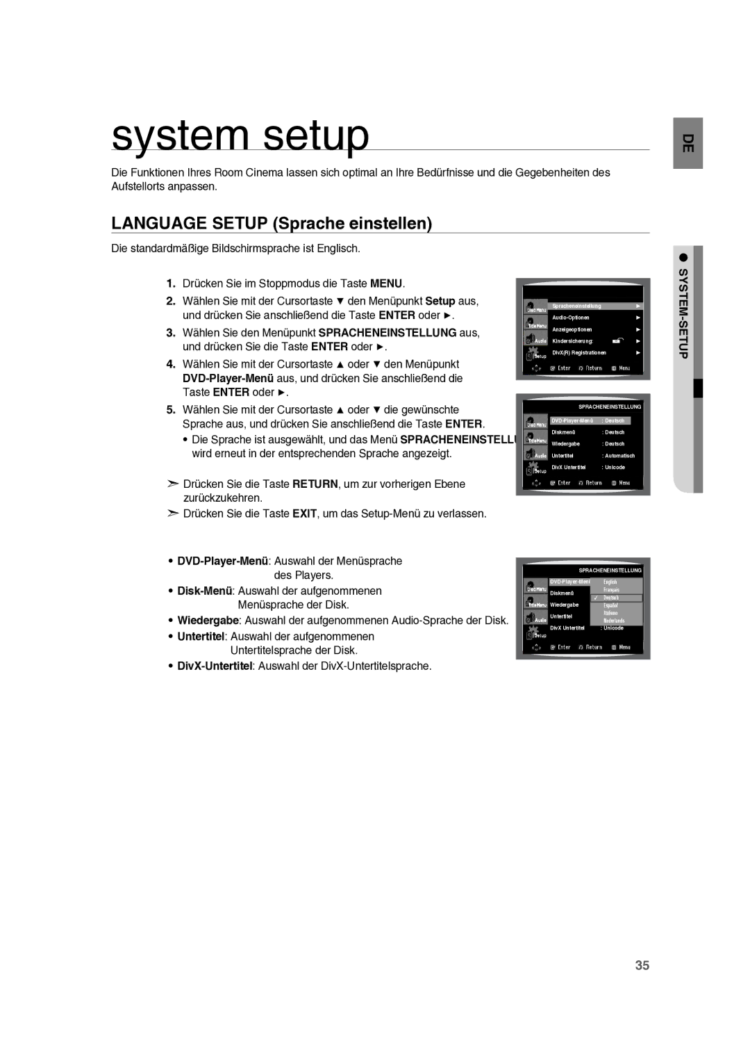 Samsung RTS-E10T/EDC manual System setup, Language Setup Sprache einstellen 