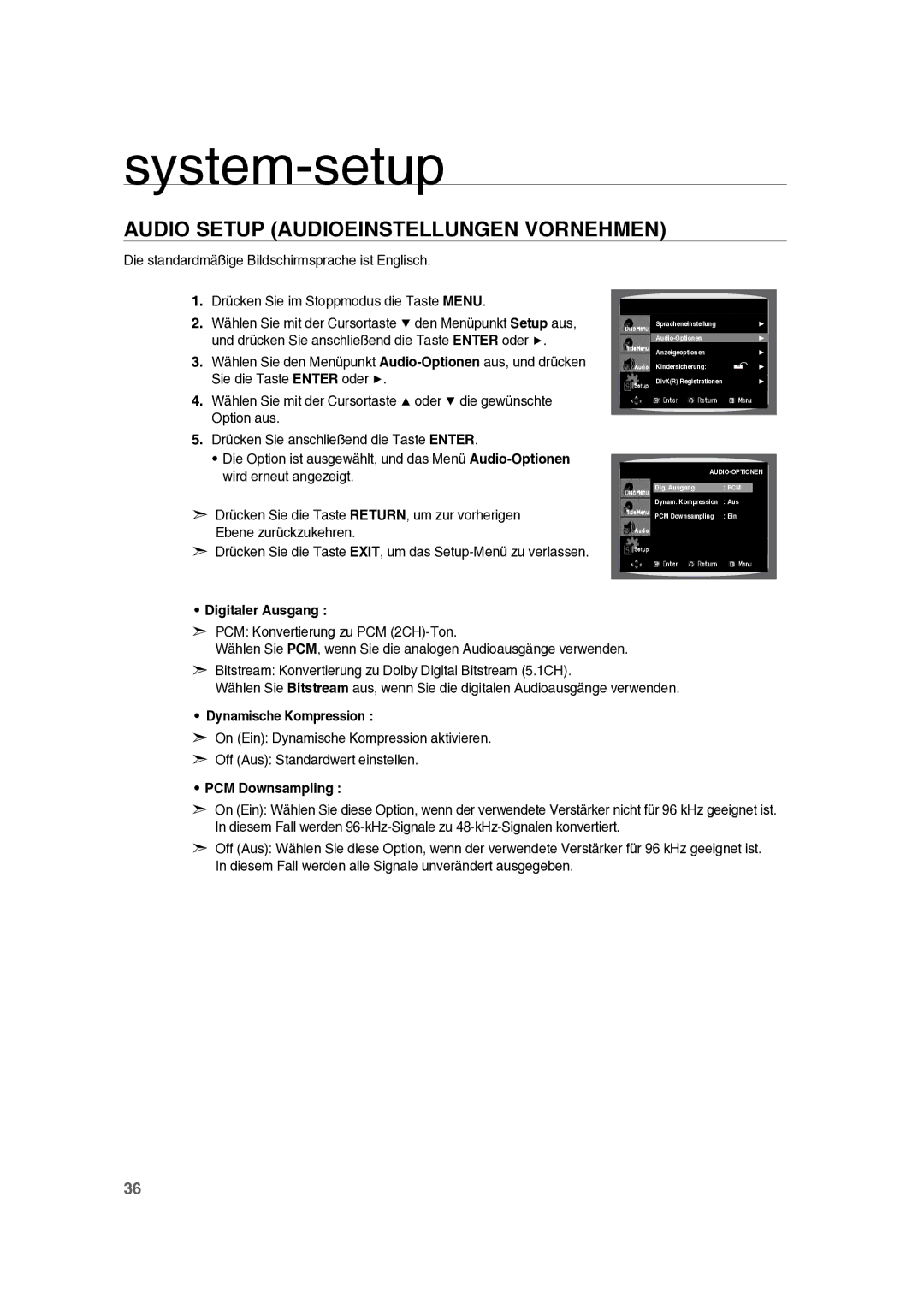 Samsung RTS-E10T/EDC System-setup, Audio Setup Audioeinstellungen Vornehmen, Digitaler Ausgang, Dynamische Kompression 