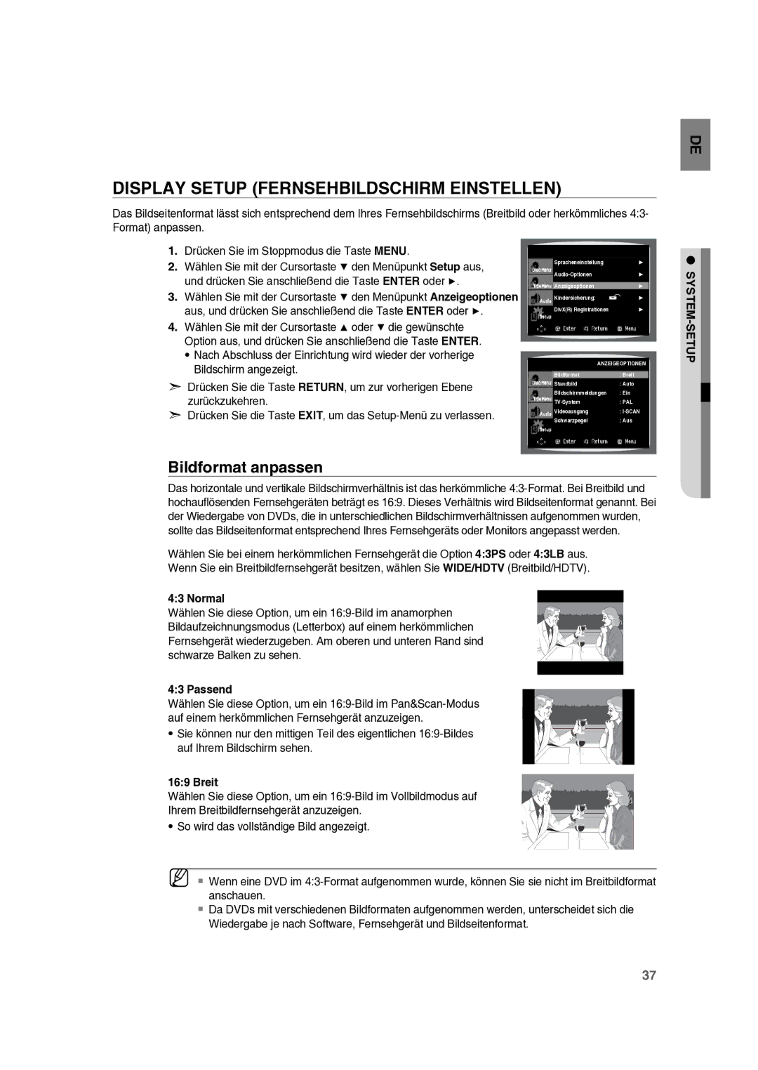 Samsung RTS-E10T/EDC manual Display Setup Fernsehbildschirm Einstellen, Bildformat anpassen, System-Setup 