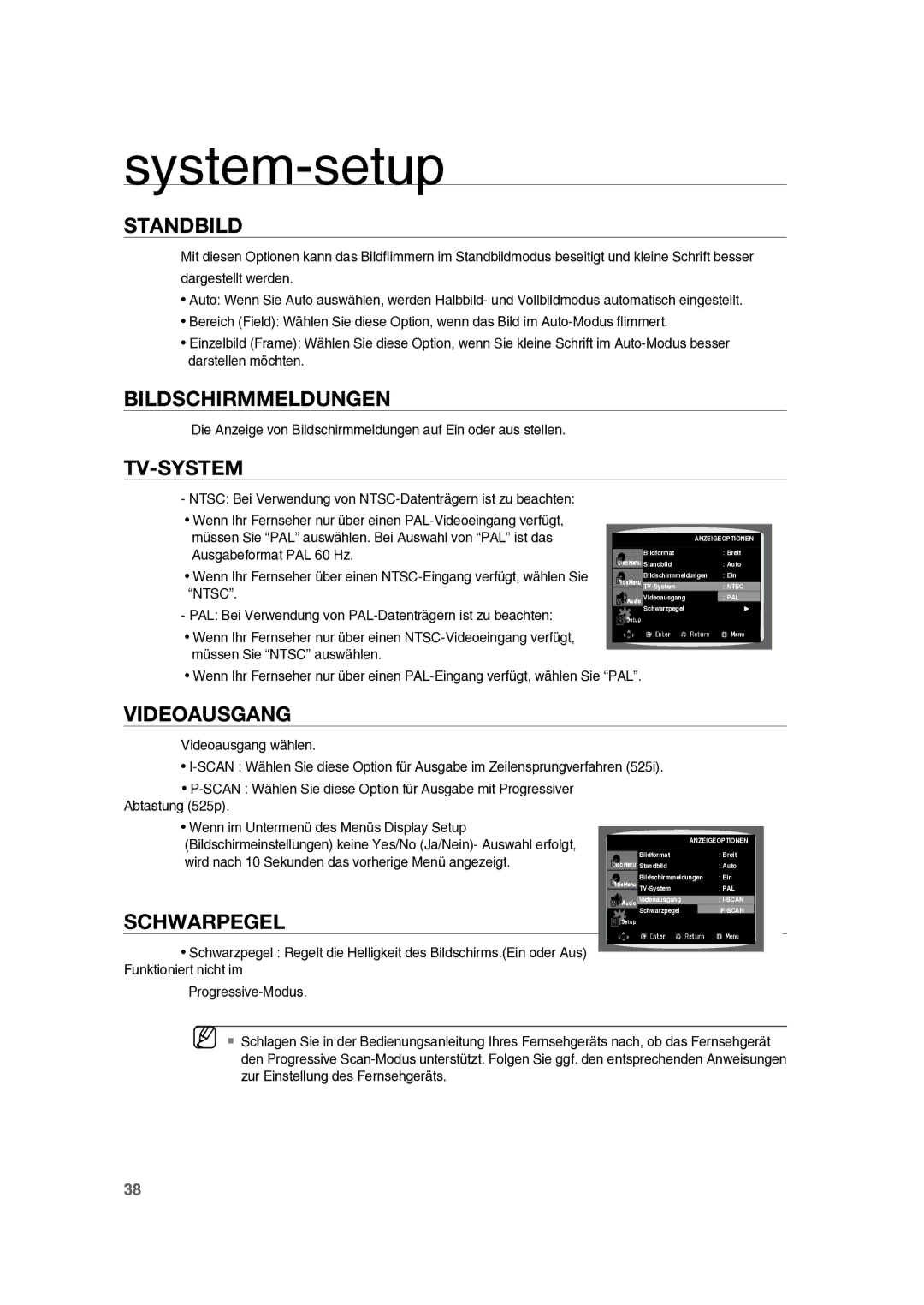 Samsung RTS-E10T/EDC manual Standbild, Bildschirmmeldungen, Tv-System, Videoausgang, Schwarpegel 